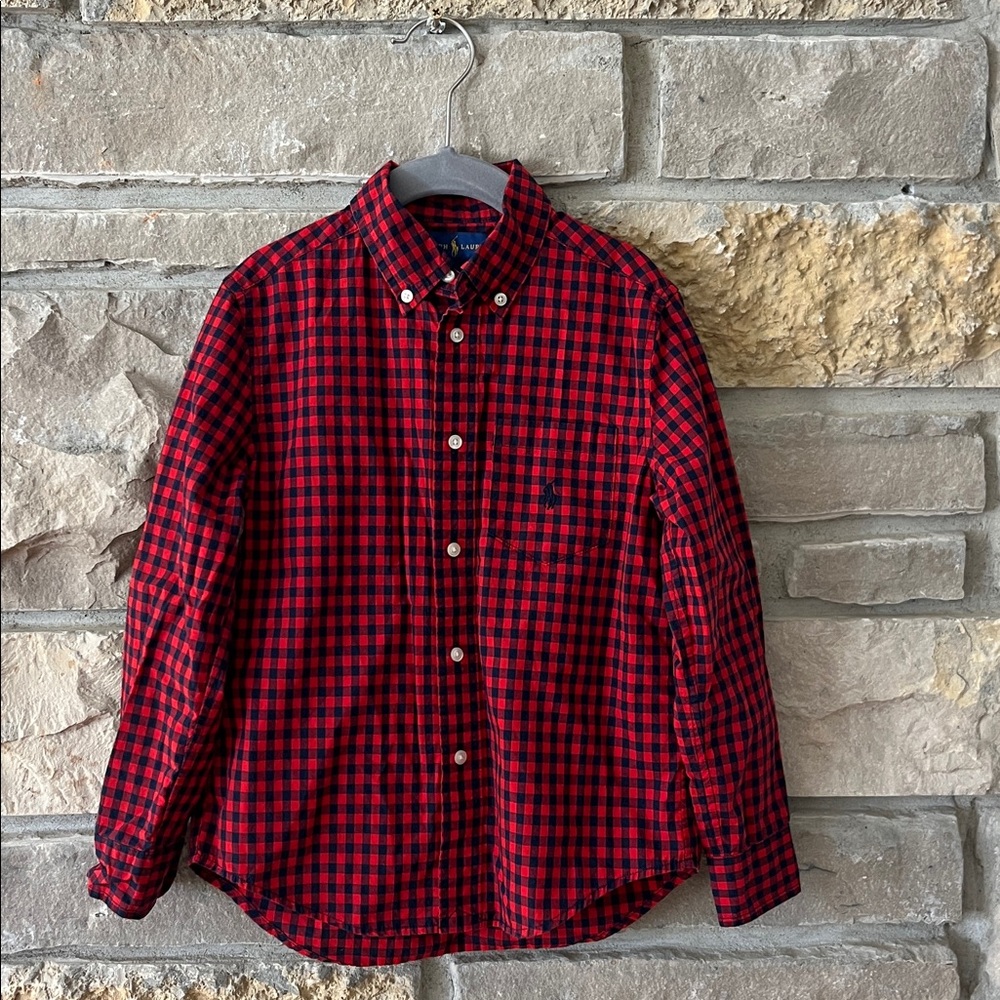 Ralph Lauren Red and Navy Plaid Checkered Button-Down Shirt Size 6 Boys